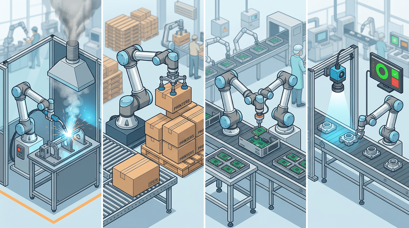 cobot price range by application showing welding palletizing assembly and inspection workstations with end-effectors