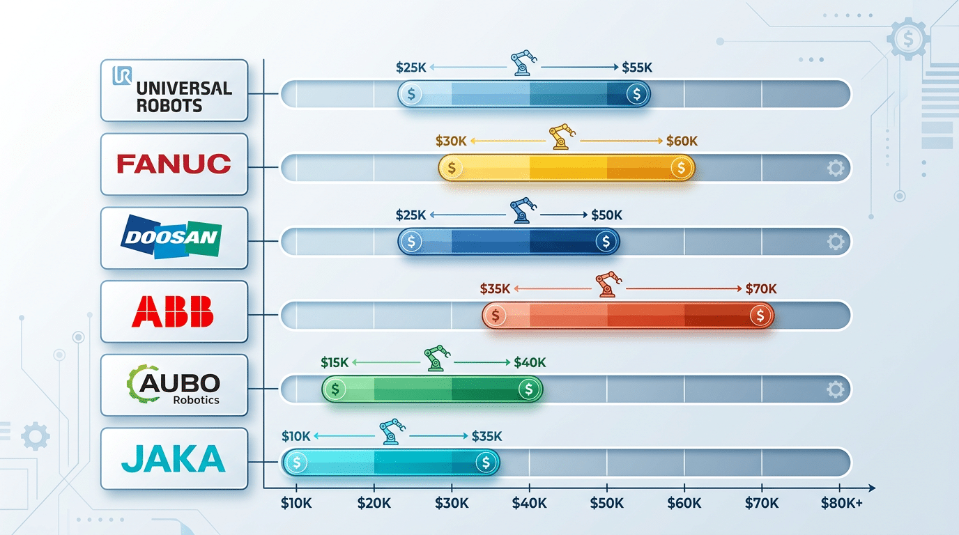 Cobot price range comparison chart for Universal Robots, FANUC, Doosan, ABB, AUBO, and JAKA brands