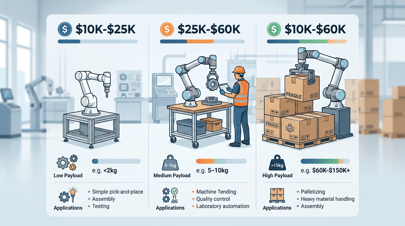 Cobot price range infographic showing entry-level, mid-range, and industrial-grade collaborative robot costs from $10K to $150K