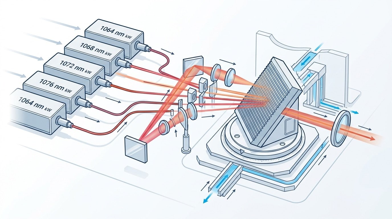 how does a laser defense system work — spectral beam combining diagram at 1.06 micron wavelength