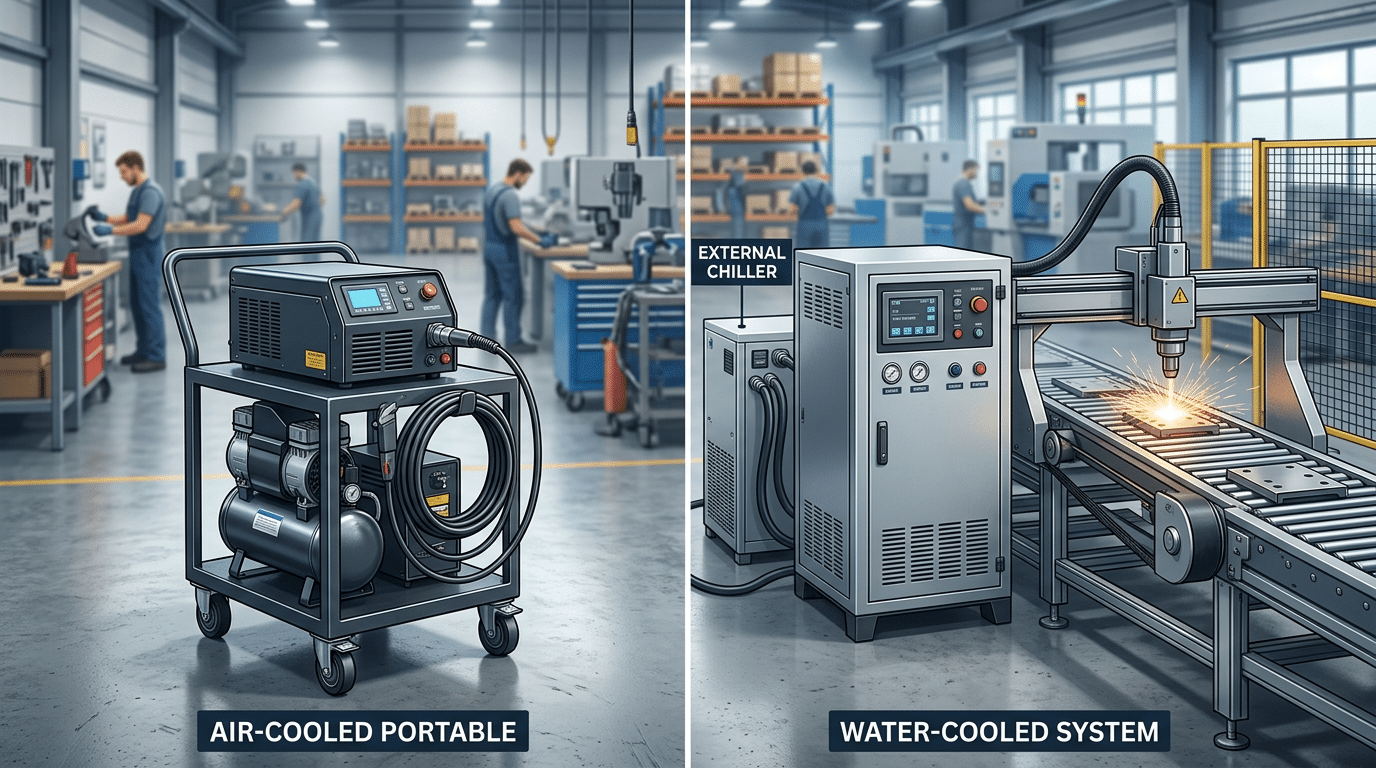 Air-cooled portable pulse laser cleaner vs water-cooled integrated system for production line use