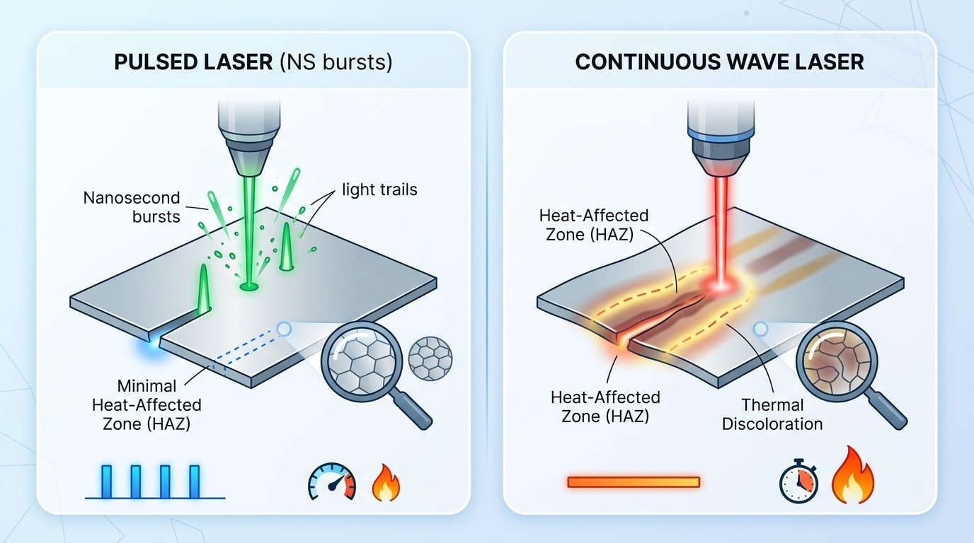 Pulse laser cleaner versus continuous wave laser cleaning comparison showing heat-affected zone differences on metal substrate