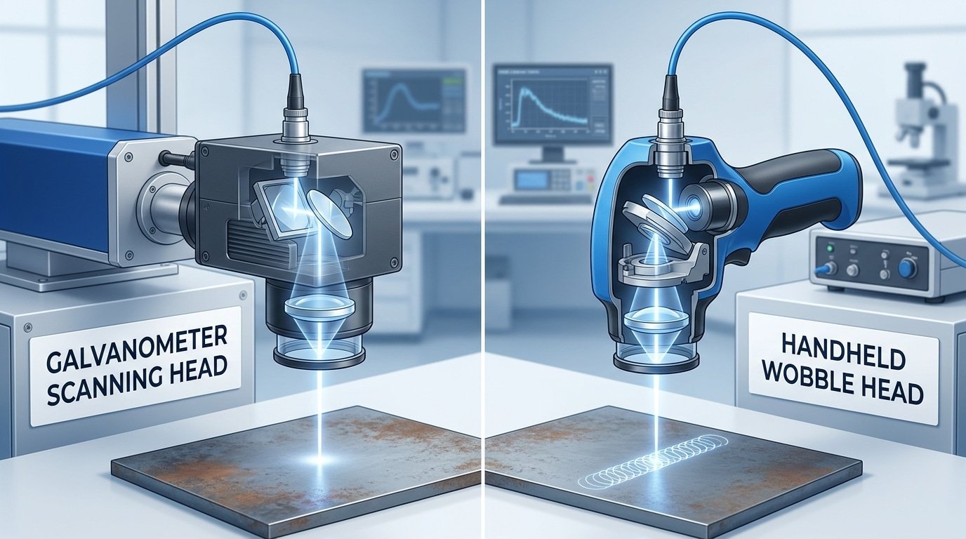 Galvo scanning head vs handheld wobble head on pulse laser cleaner showing beam delivery optics and fiber connector