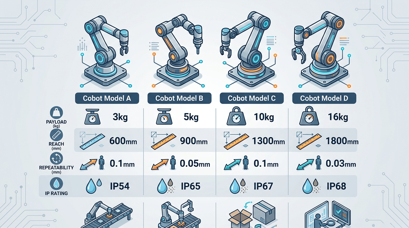 Cobot selection comparison chart showing payload reach and repeatability for production line integration