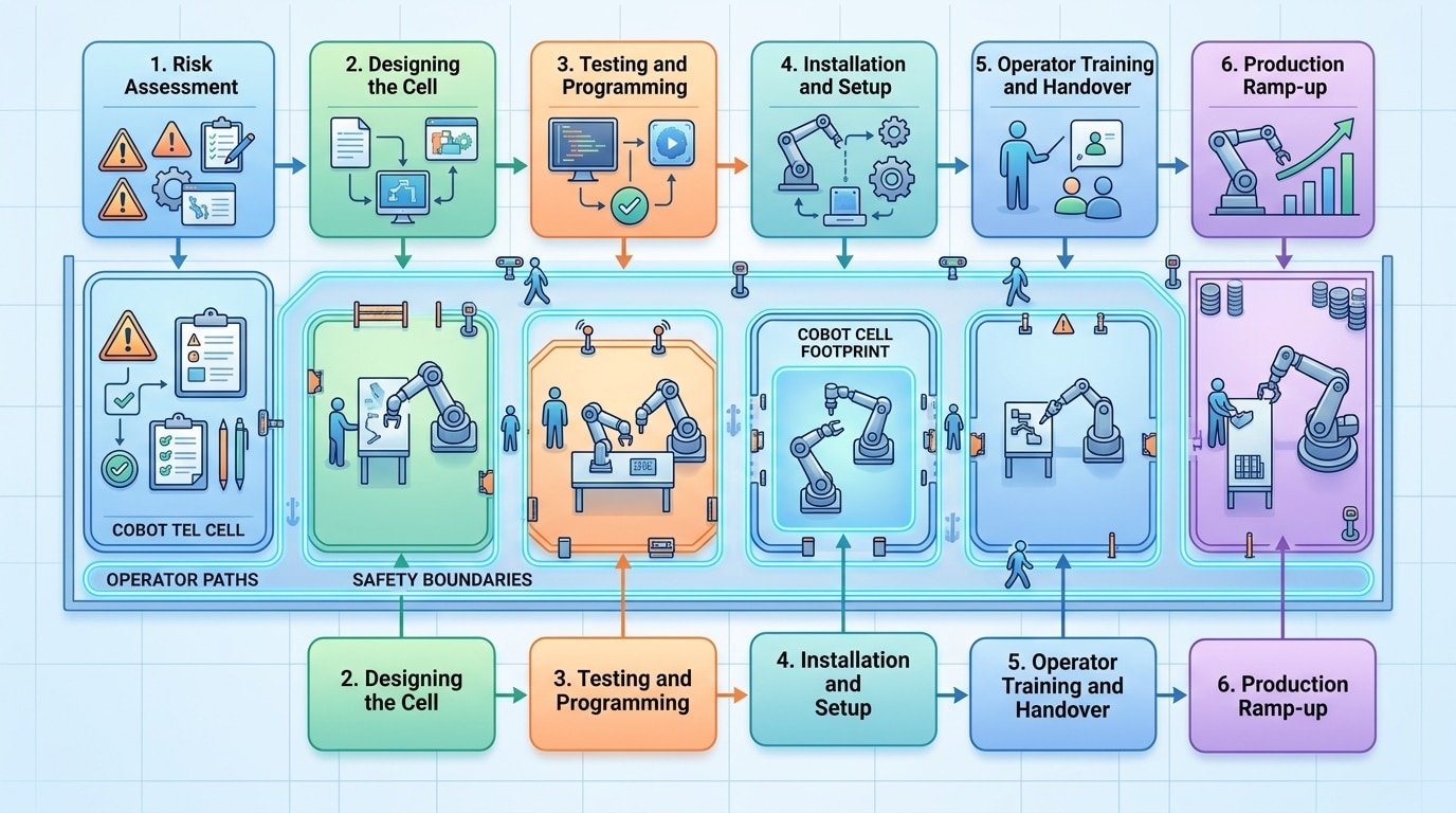 step-by-step cobot integration process diagram from planning to production go-live