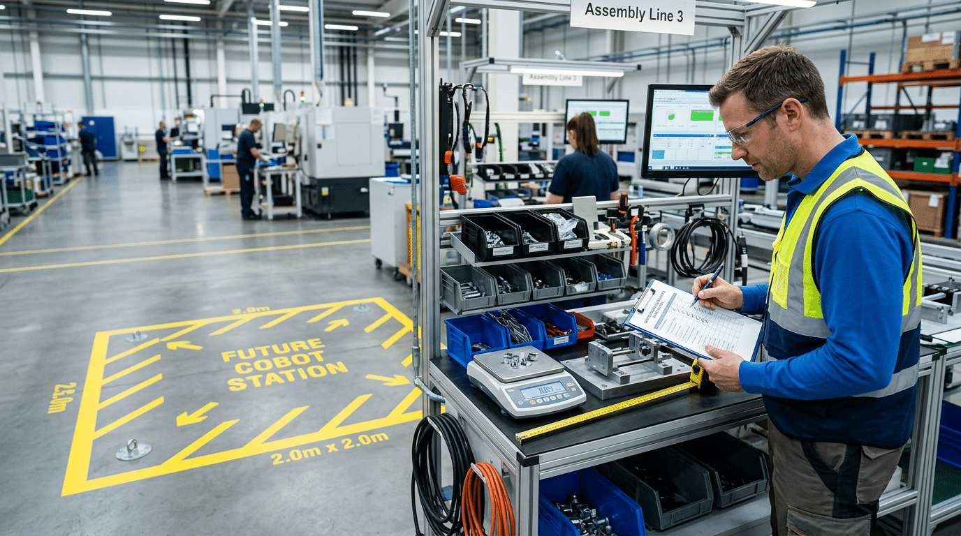 Engineer assessing production line readiness for cobot integration with checklist and workspace measurements