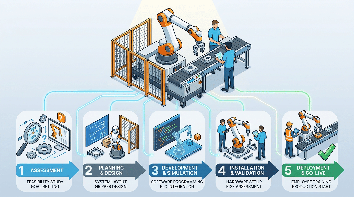 How to integrate a cobot into production line — five-phase overview diagram showing assessment, selection, safety, programming, and go-live