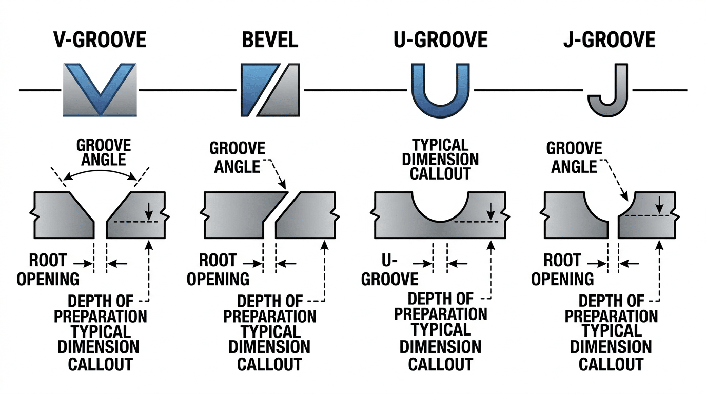 Groove weld symbols diagram showing V-groove bevel U-groove and J-groove with dimensions for reading welding symbols