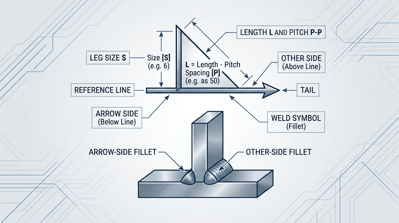 How to read fillet weld symbols on a reference line with leg size and length dimensions labeled