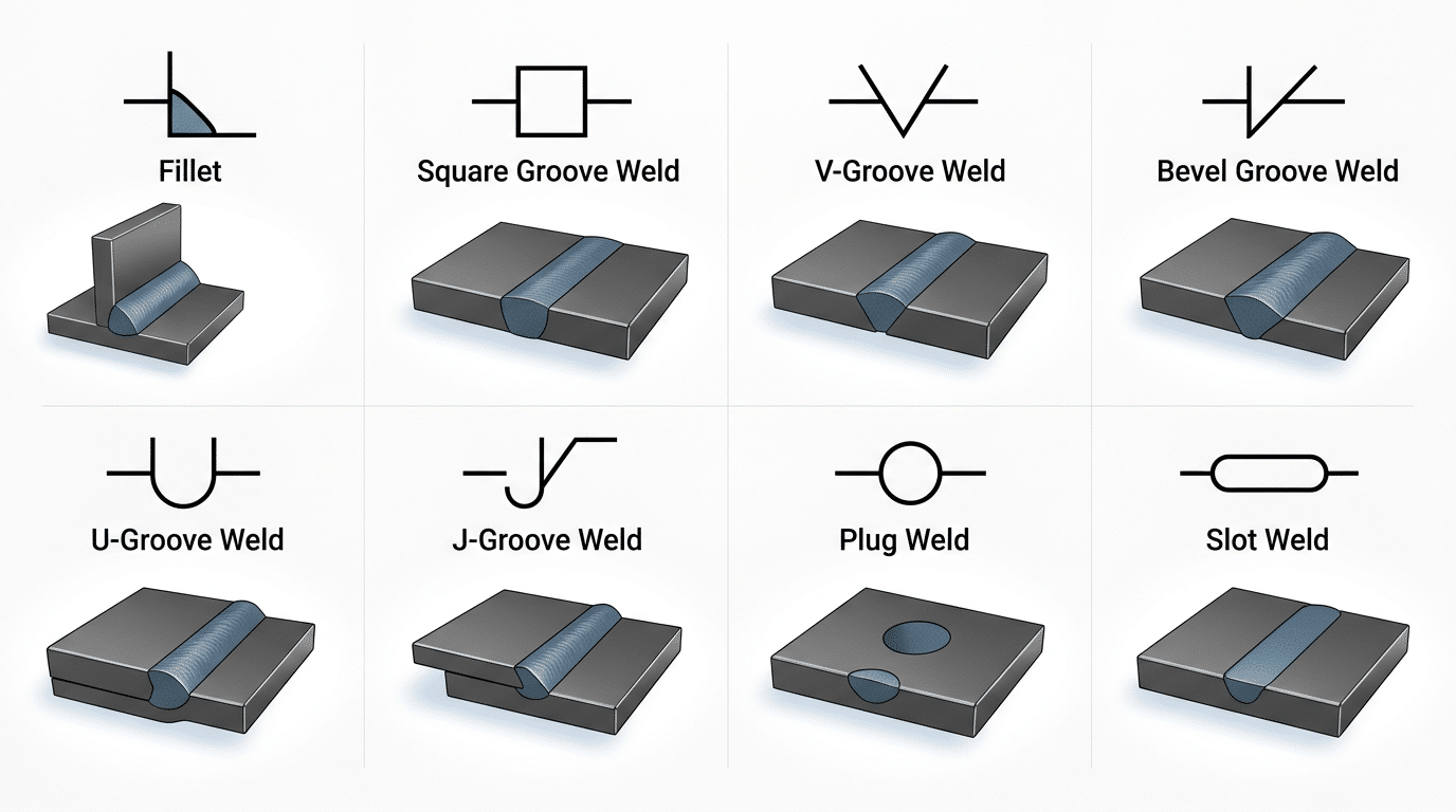 Common weld type symbols chart with cross-section illustrations showing how to read welding symbols for fillet, groove, plug, and slot welds
