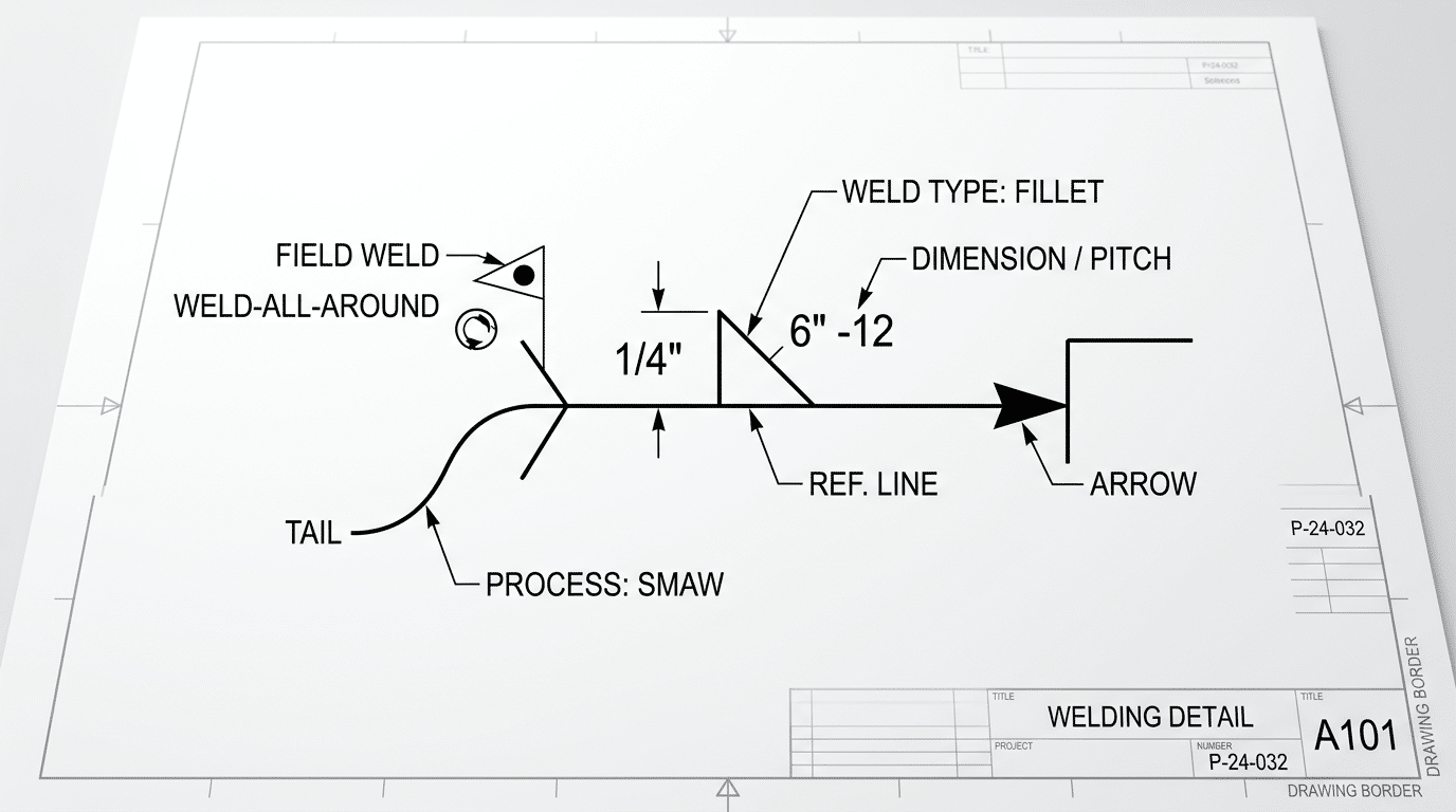 How to read welding symbols diagram showing reference line, arrow, tail, weld type, and dimensions