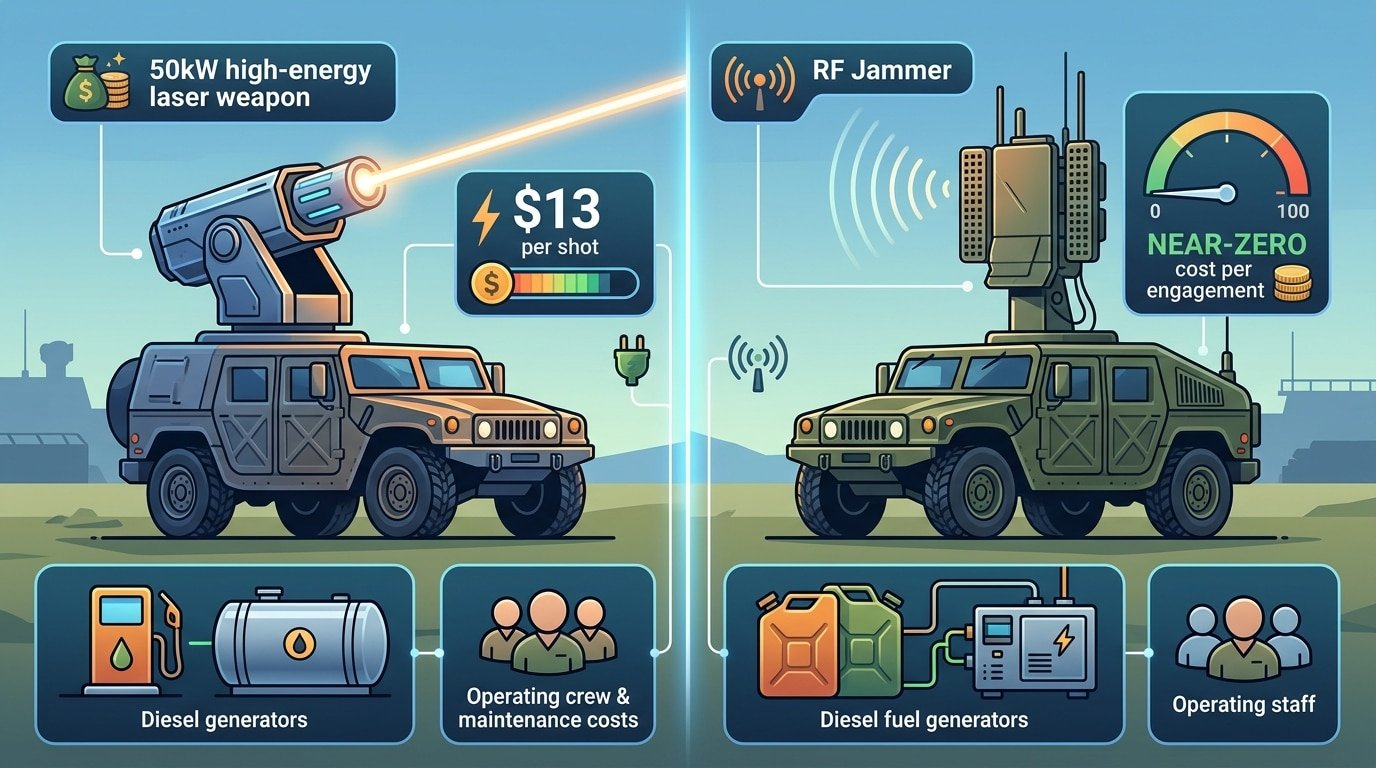 laser vs RF counter-UAV comparison showing cost per kill, capex, and crew requirements