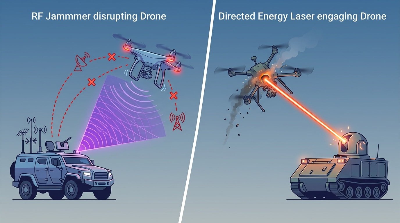 Laser vs RF counter-UAV comparison diagram showing soft kill jamming versus hard kill directed energy effects
