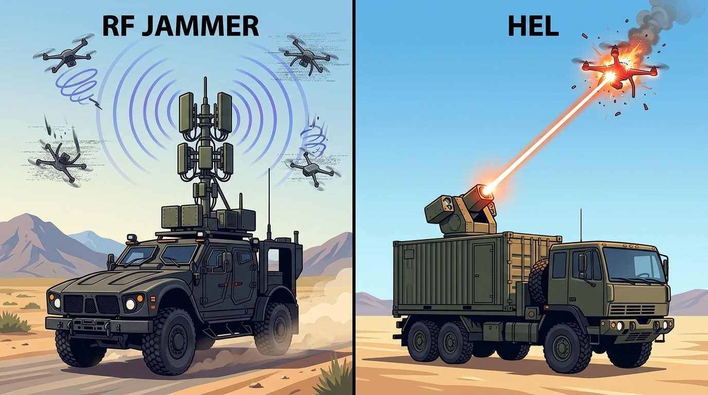 Laser vs RF counter-UAV comparison showing cost per kill and engagement methods