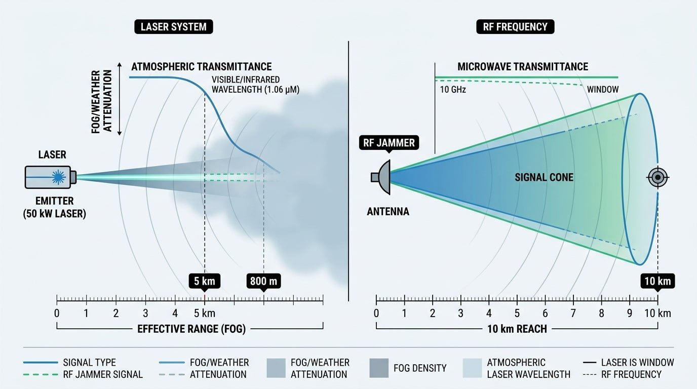 Laser vs RF counter-UAV comparison of effective range in clear air versus fog and rain