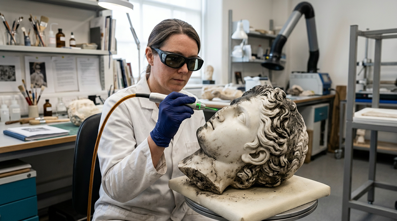 Laser cleaning for heritage conservation being performed on a marble sculpture with visible contrast between cleaned and soiled areas