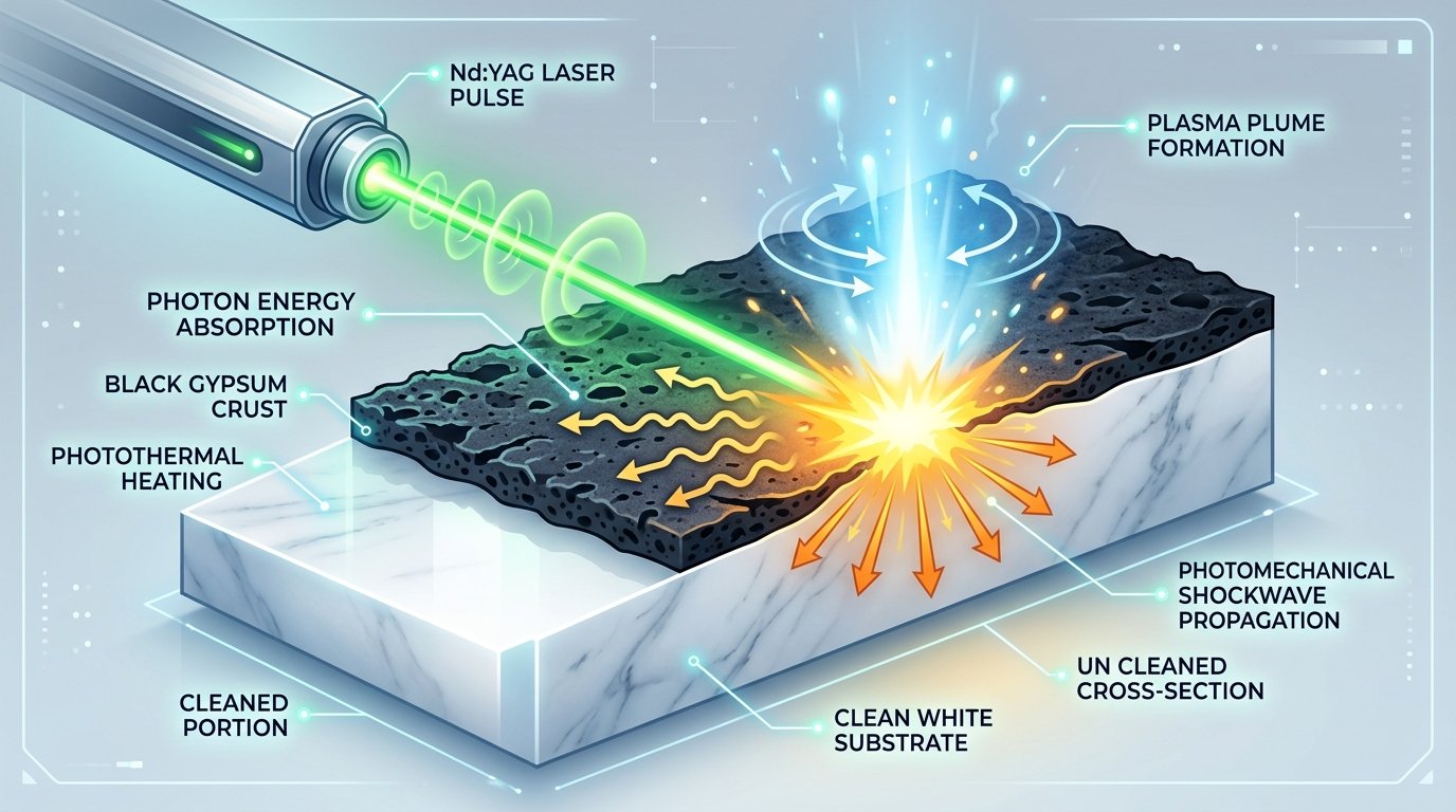 Laser ablation mechanism on heritage stone surface showing photothermal and photomechanical removal during laser cleaning
