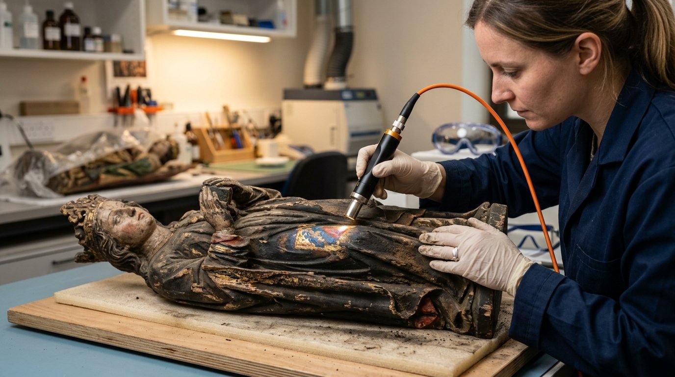 Laser cleaning for heritage conservation applied to a polychrome medieval sculpture showing preserved original pigment layers
