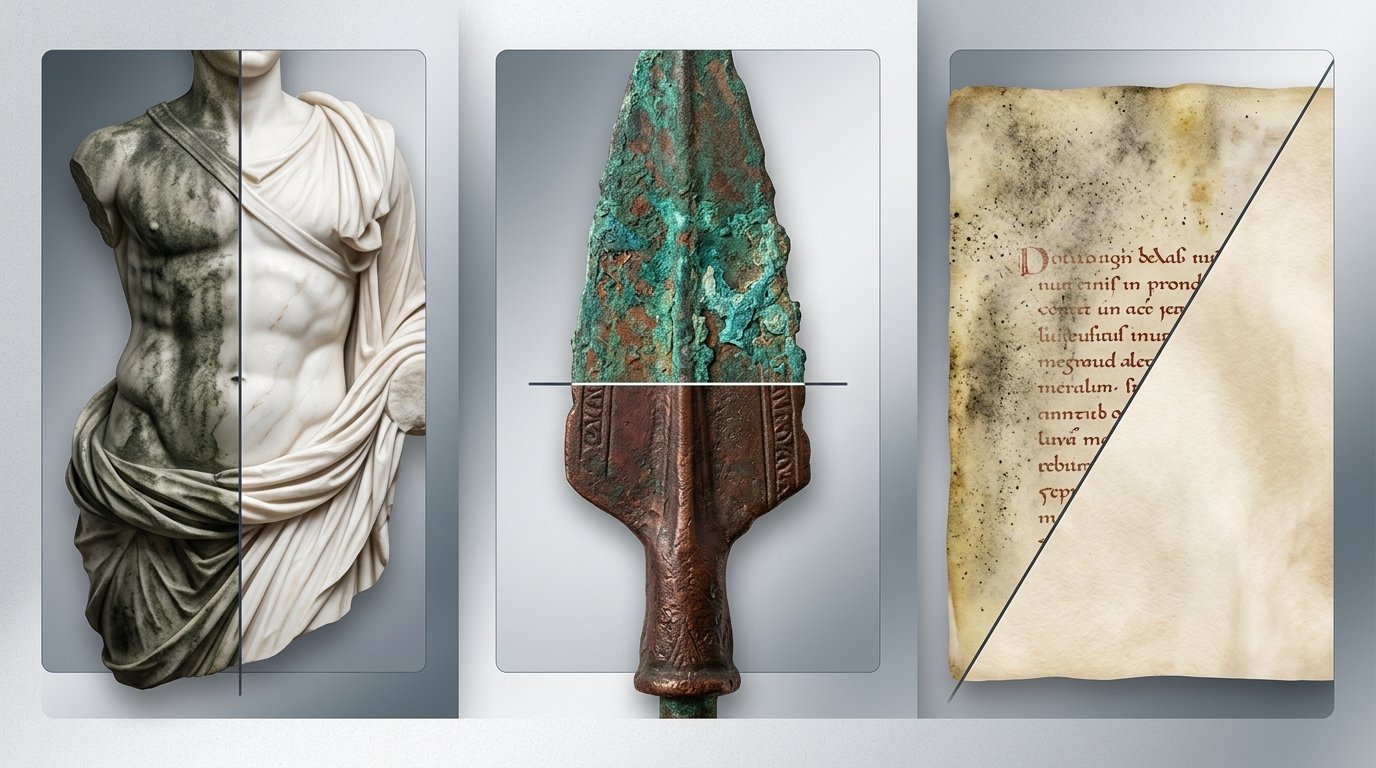 Laser cleaning for heritage conservation applied to stone, bronze, and parchment materials showing selective contaminant removal