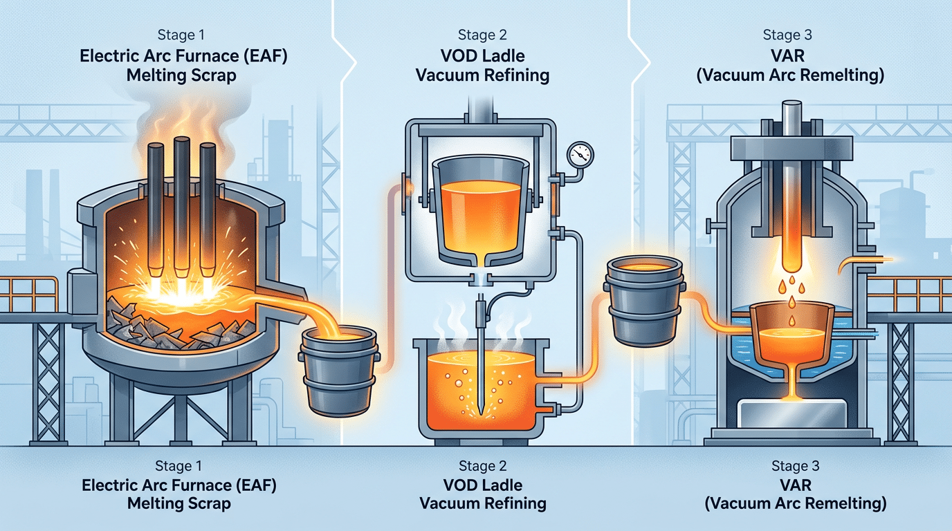 4340 carbon steel manufacturing process through EAF, VOD, and VAR routes