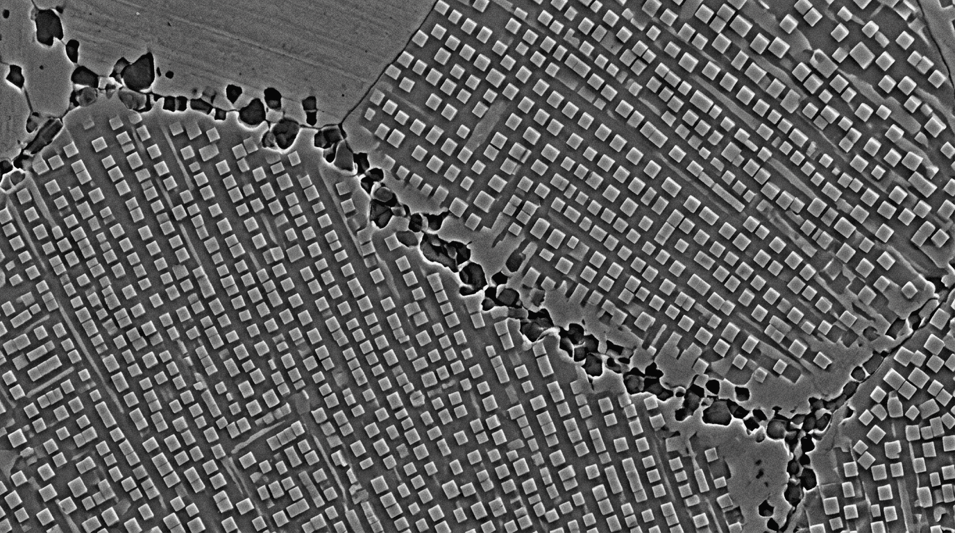 Superalloy microstructure showing gamma prime precipitates and grain boundary carbides