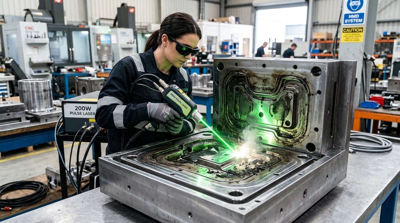 200W pulse laser cleaner removing carbon residue from injection mold cavity for delicate surface cleaning