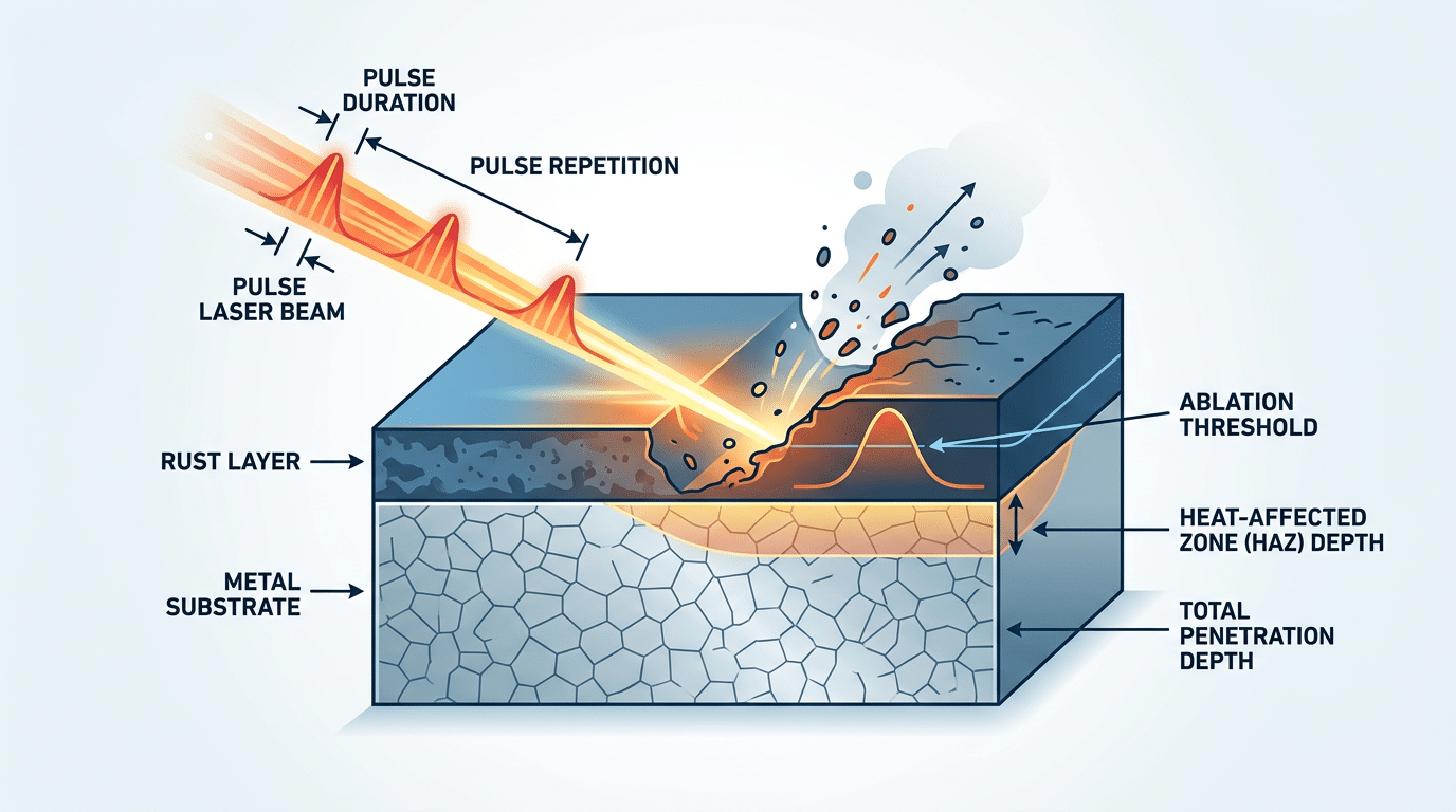 Pulse laser cleaning diagram showing how wattage and pulse energy affect rust removal depth and heat-affected zone on metal substrate