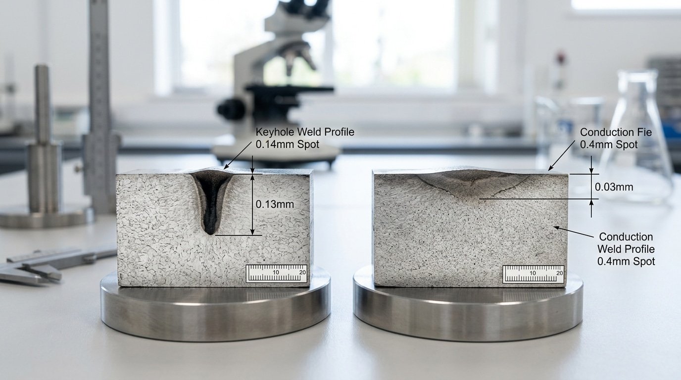Laser spot diameter weld penetration comparison 0.14mm versus 0.4mm cross-section