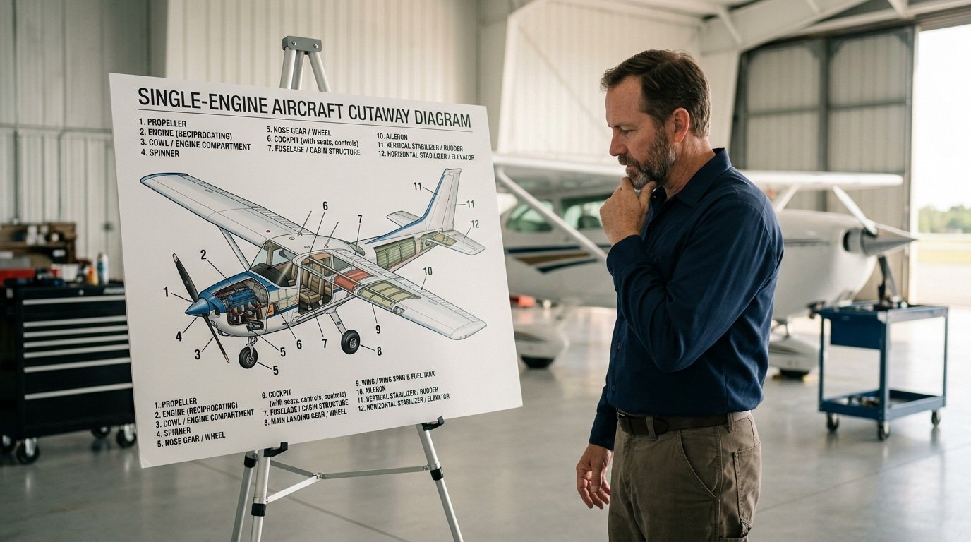 Diagram naming the 12 essential aircraft components on a fixed-wing airplane