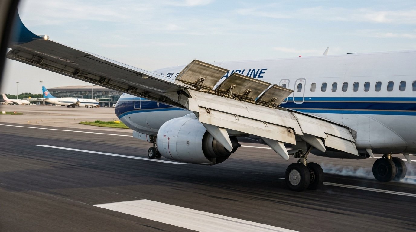 Aircraft components on wing: ailerons, flaps, slats, and spoilers deployed during landing