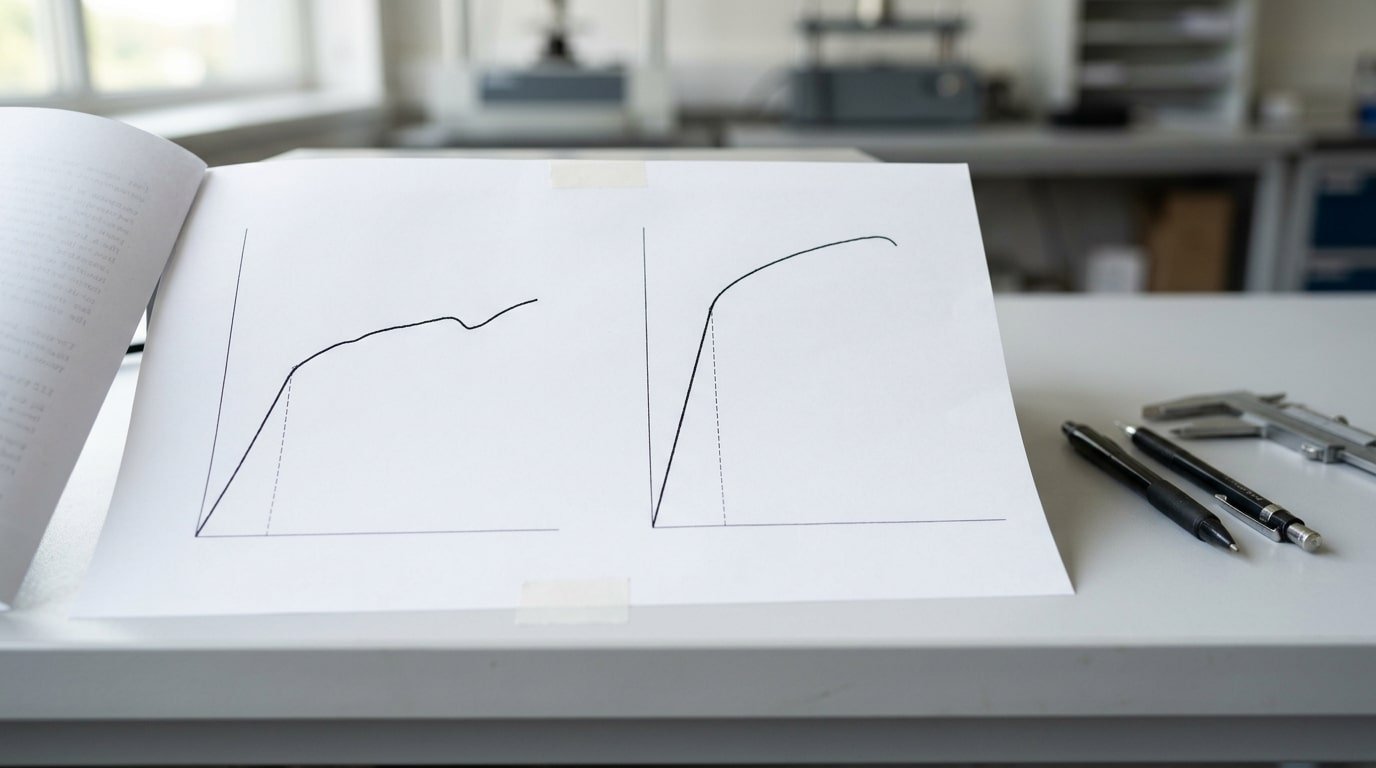 Stress strain curve showing the differences between stiffness and strength in metal