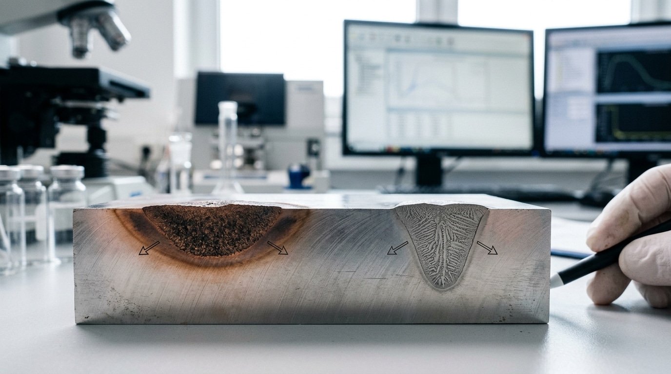 Weld nugget cross-section showing how thermal conductivity welding behavior differs between copper and Inconel