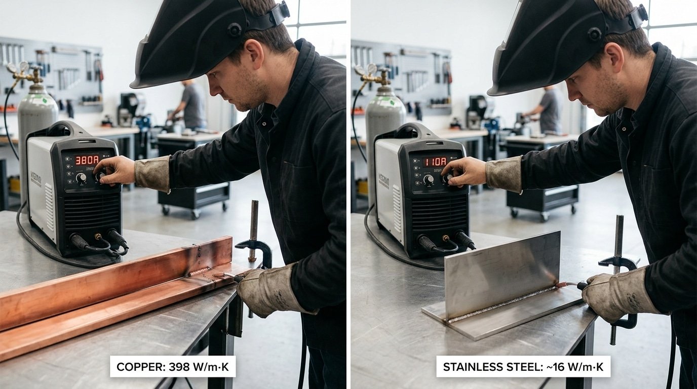 thermal conductivity welding cheat sheet comparing copper aluminum steel stainless titanium settings