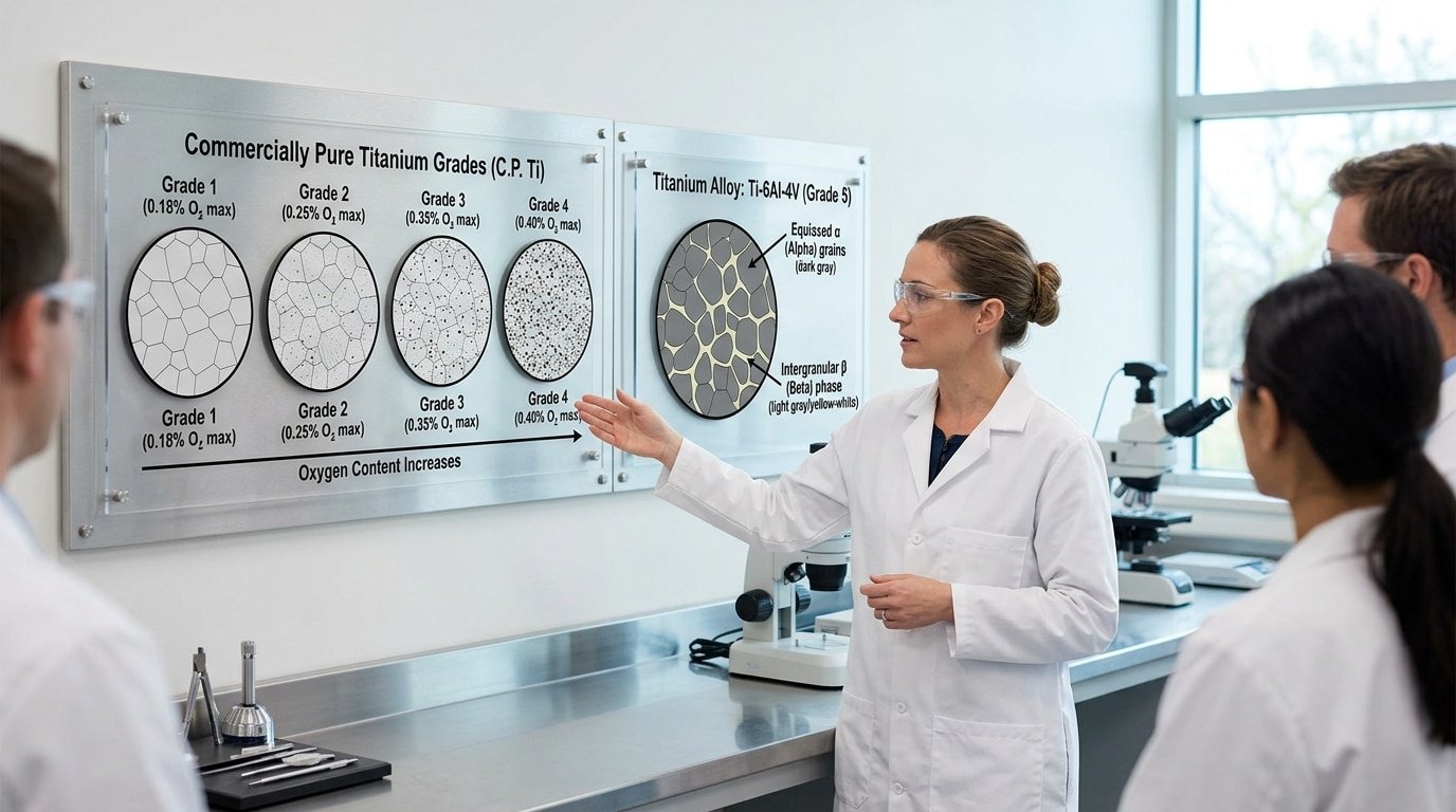 CP titanium grades 1-4 oxygen content comparison versus Ti-6Al-4V Grade 5 alloy structure