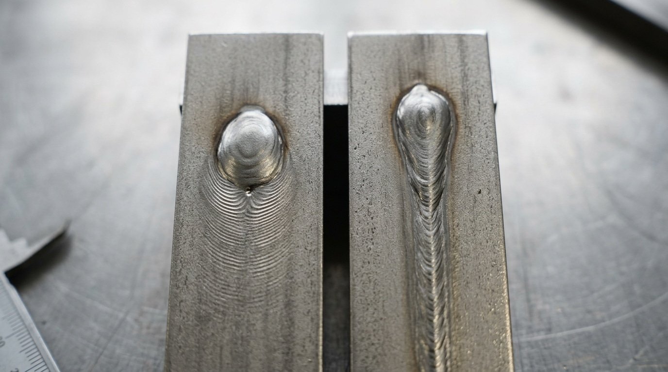 Teardrop versus elliptical weld pool shapes illustrating the principle of welding pool solidification and centerline crack risk