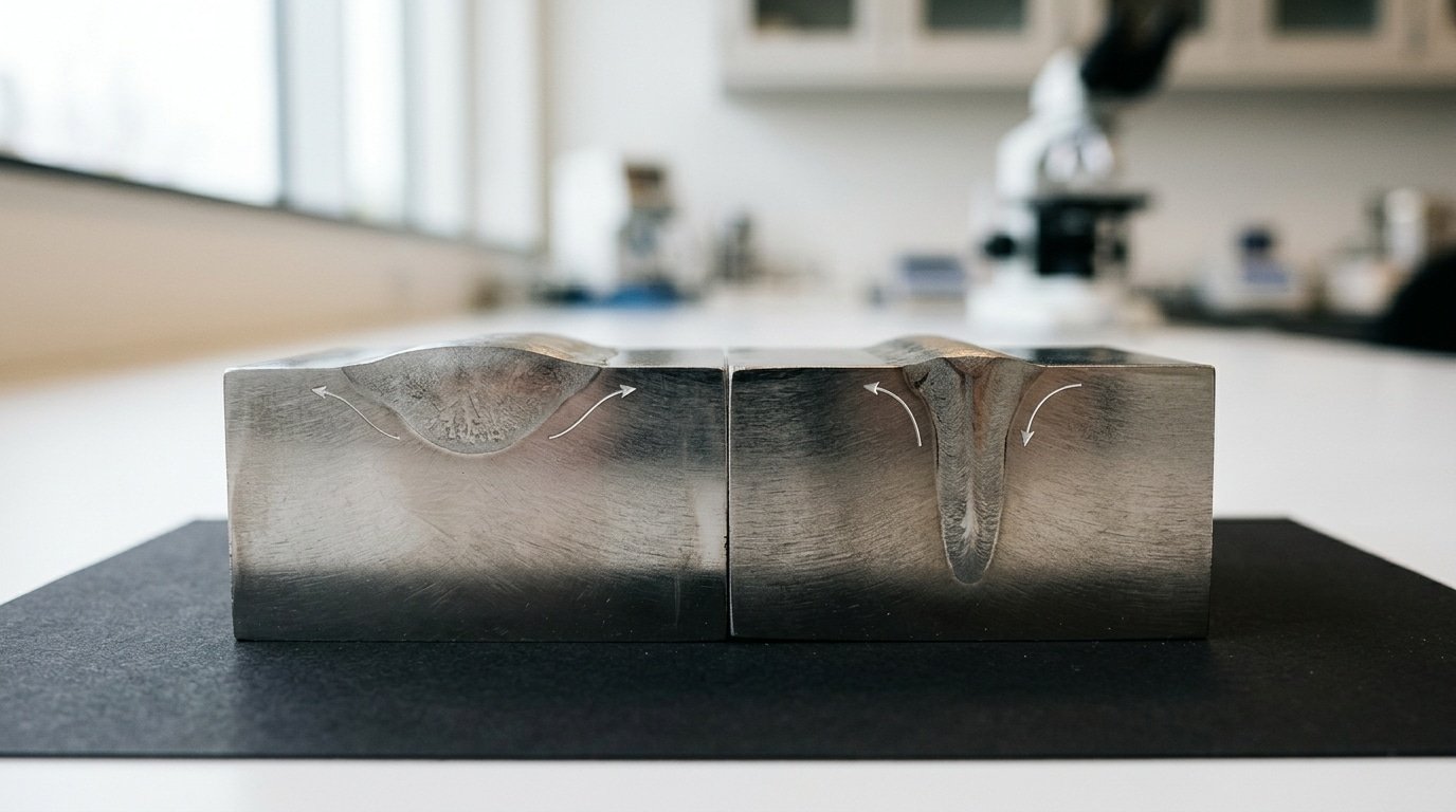 Marangoni reversal effect in weld pool principle showing sulfur content impact on penetration
