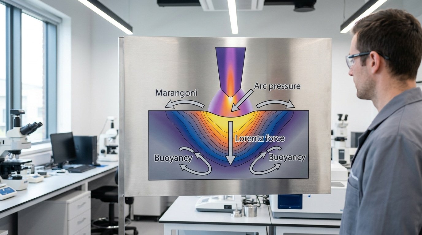 Diagram illustrating the four forces in the principle of welding pool formation: Marangoni, Lorentz, arc pressure, and buoyancy