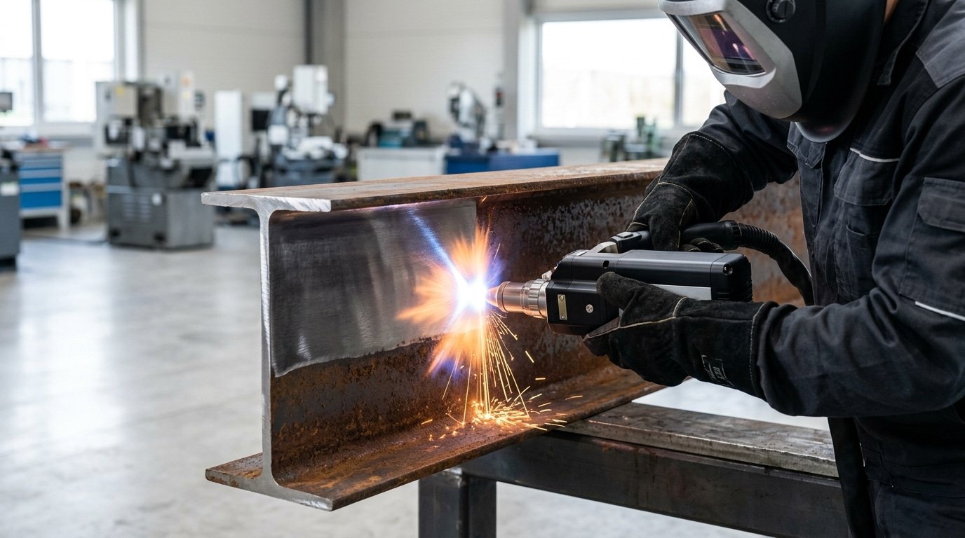 pulsed fiber laser removing rust from steel, one of the main laser technologies for laser cleaning