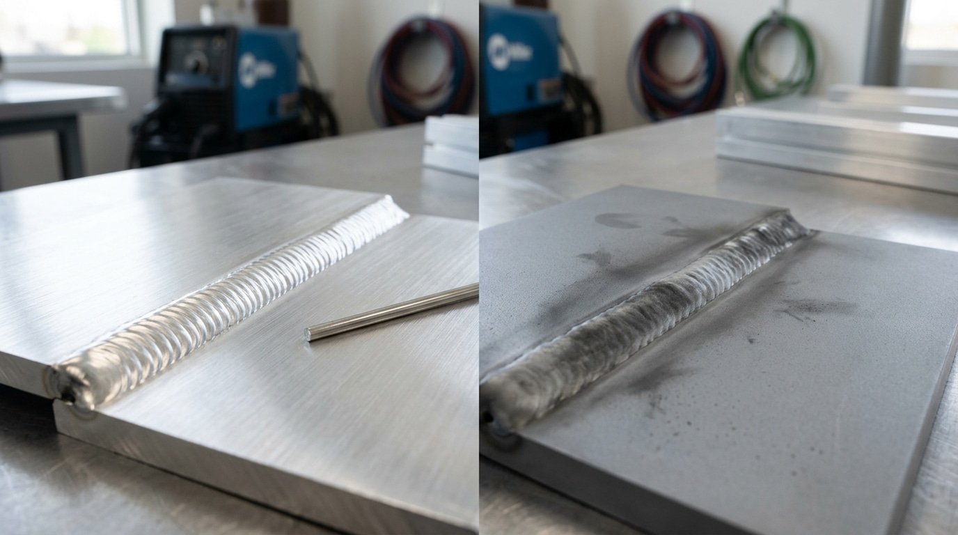4043 filler wire weld on 6061-T6 aluminum before and after anodizing showing gray smudge