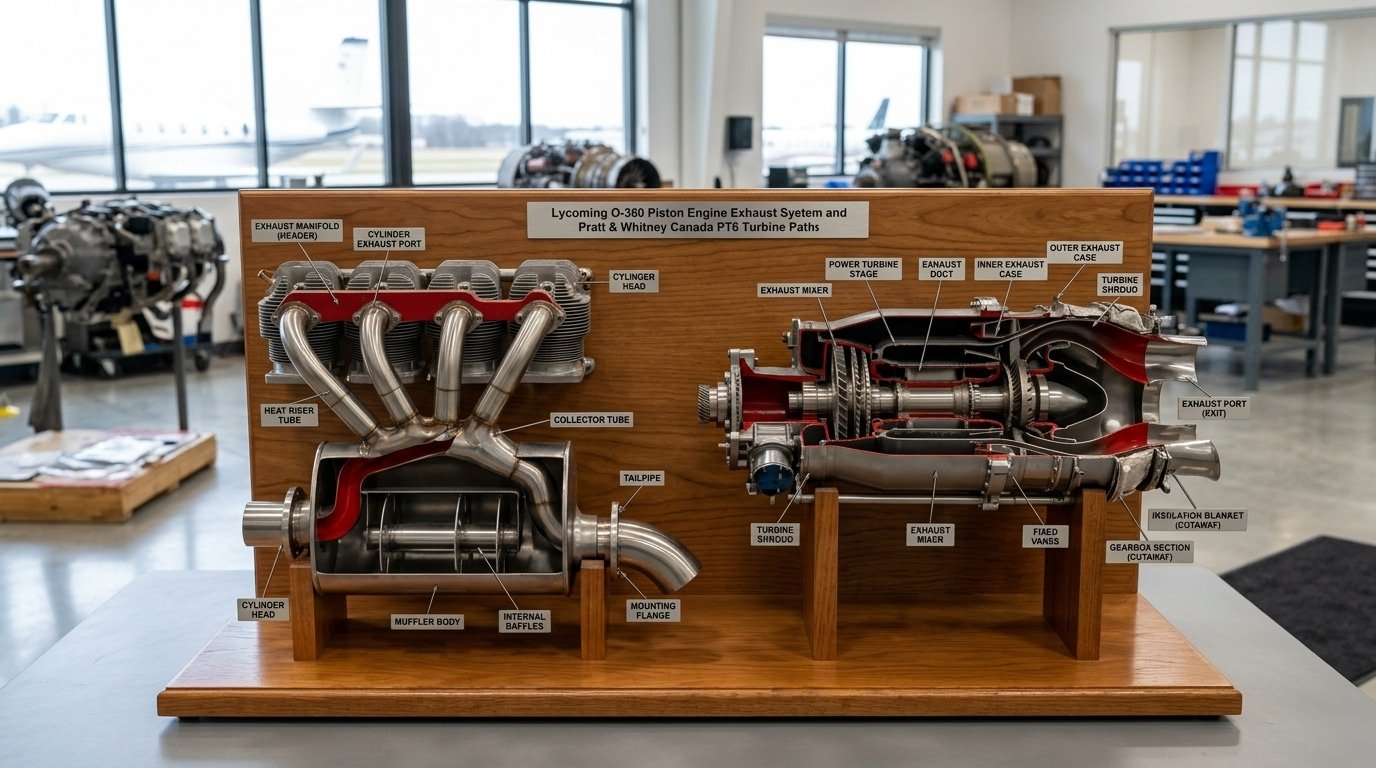 aircraft exhaust components comparison between piston and turbine engines