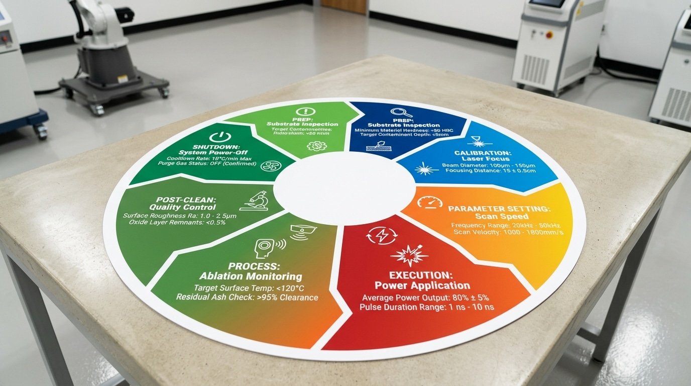 Steps of laser cleaning machine workflow chart with parameters