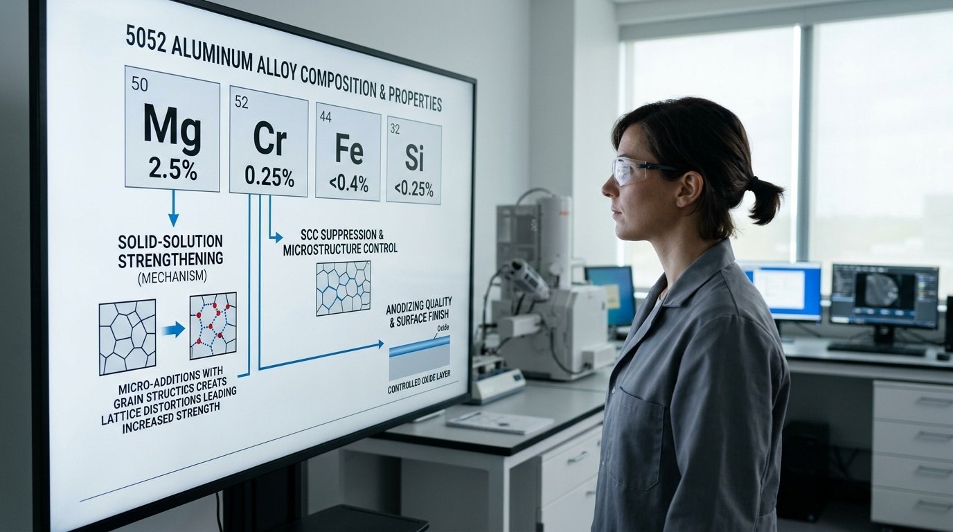 5052 aluminum alloy chemical composition diagram showing 2.5% magnesium and 0.25% chromium roles