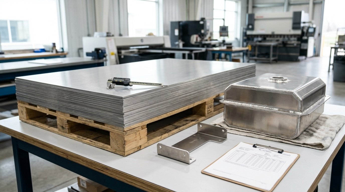5052 aluminum alloy sheets and finished marine components in a fabrication facility