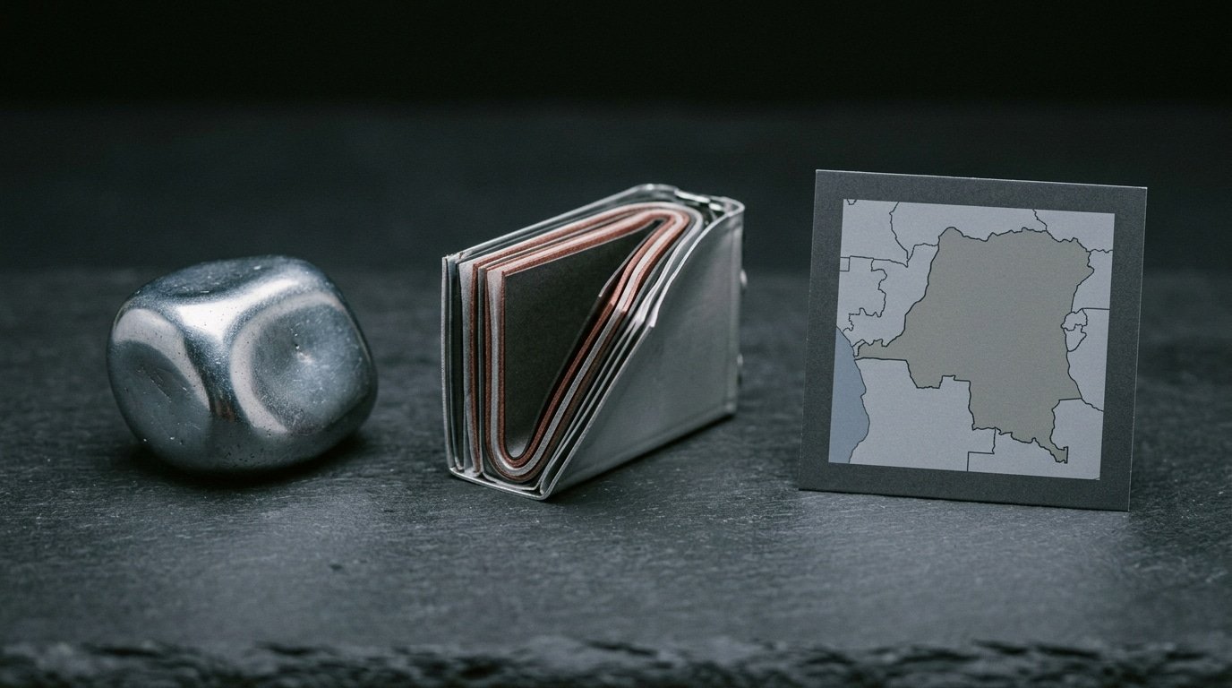 Cobalt metal sample next to lithium-ion battery cathode showing supply chain link