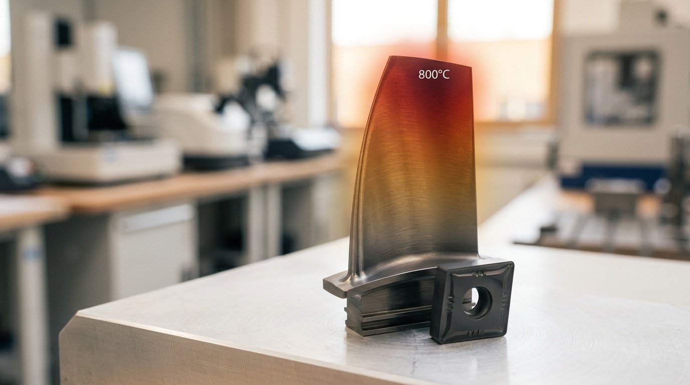 Cobalt superalloy turbine blade and tungsten carbide tool showing high-temperature applications