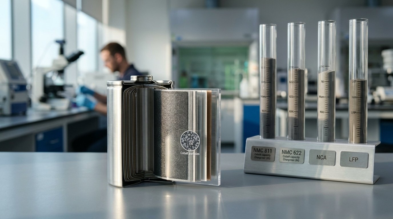 Cobalt content comparison across EV battery cathode chemistries NMC 811 622 NCA and LFP