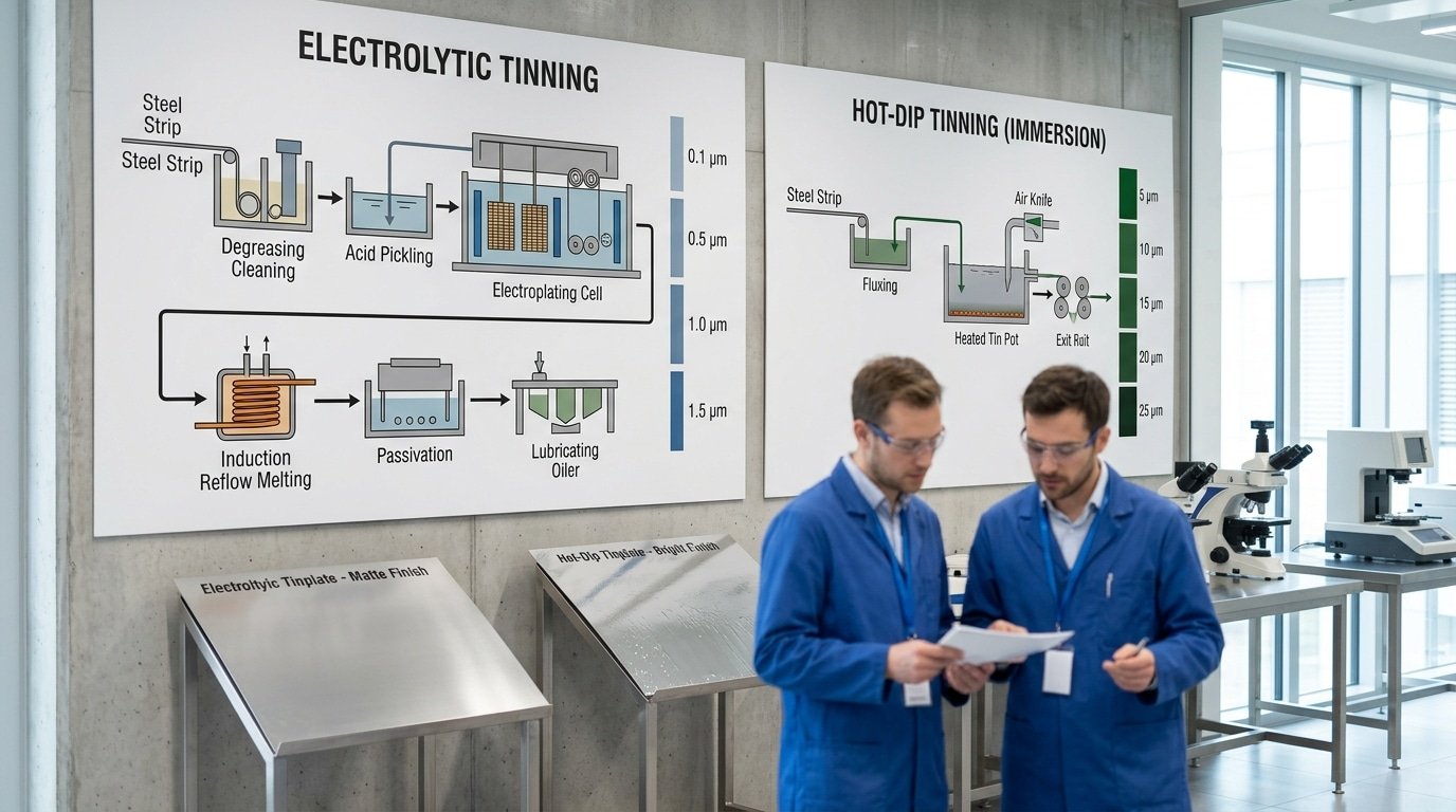 Electrolytic vs hot-dipped tin plated steel manufacturing process comparison diagram