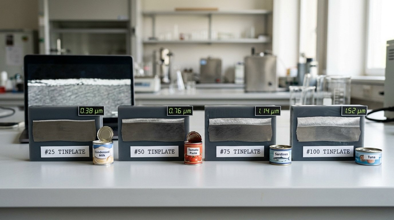 Tin plated steel coating weight chart showing ASTM and EN designations with g/m² values