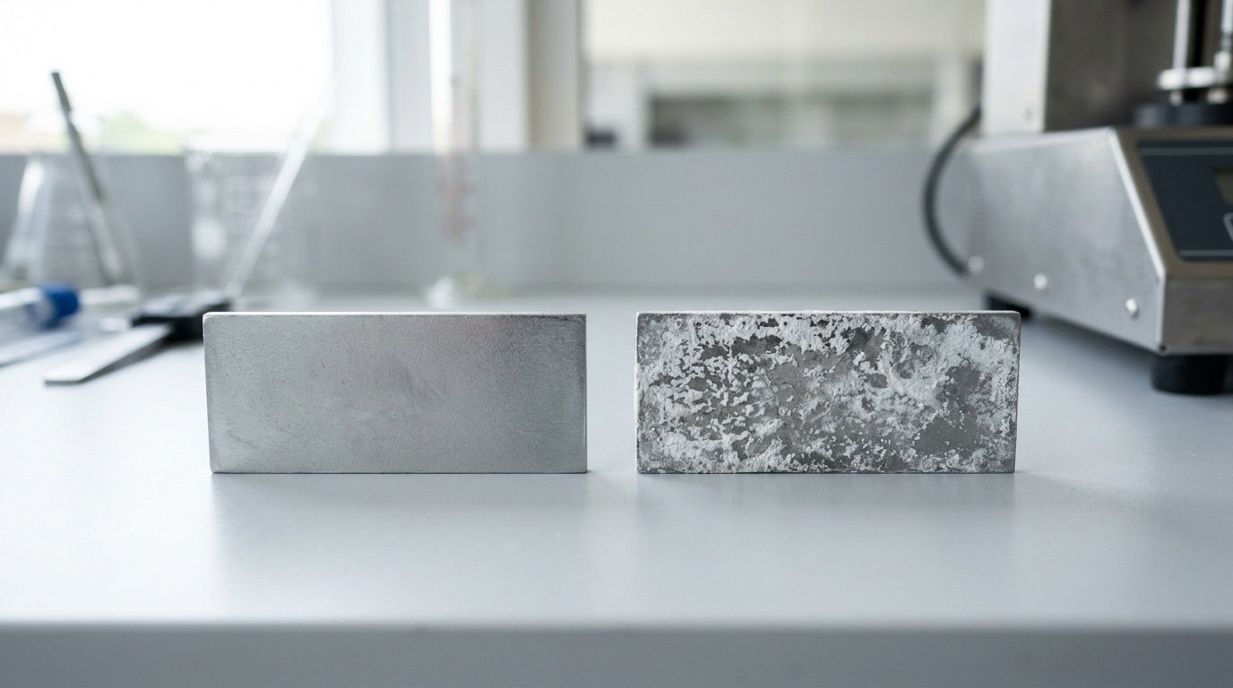 Zinc alloy ZAMAK corrosion comparison showing white rust formation