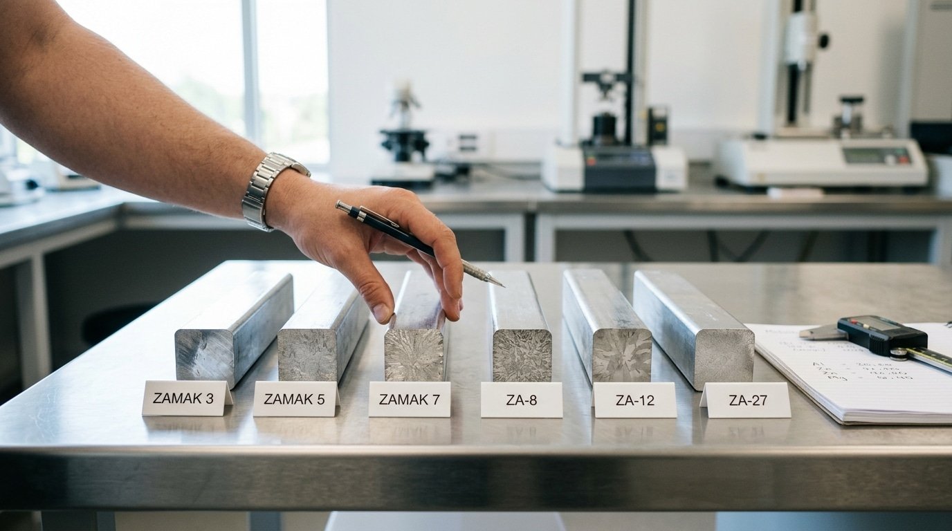Zinc alloy grades comparison chart showing ZAMAK and ZA family tensile strength and composition
